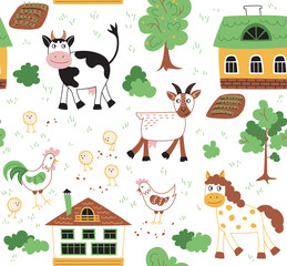 Village and with funny farm animals - Vector Seamless pattern. Loop pattern for fabric, textile, wallpaper, posters, gift wrapping paper, napkins, tablecloths. Print for kids, children