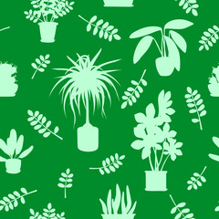 Silhouettes of indoor plants. Seamless pattern. Vector set on an isolated background. Flat illustrations of potted flowers on a green background can become a fabric, packaging paper, background.