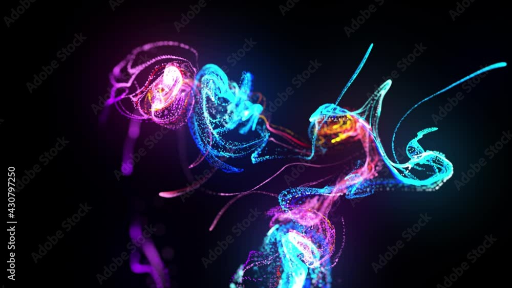 Poster injection of fluorescent ink in water in 4k. 3d render of glow particles in ink flow. interaction of
