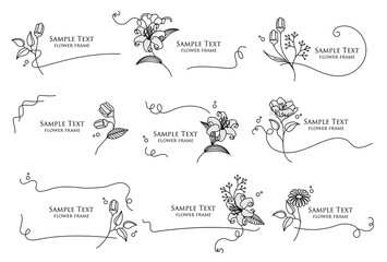 Fototapeta na wymiar 手描きの花と線画のフレームのベクターイラストセット