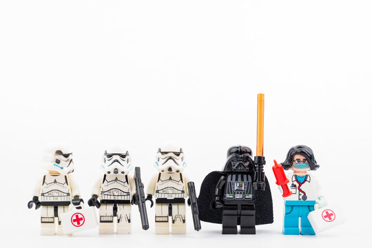 Bangkok, Thailand - April, 26, 2021 : Lego Star Wars line up to receive COVID-19 vaccination from Lego Doctor.Concept fights COVID-19.