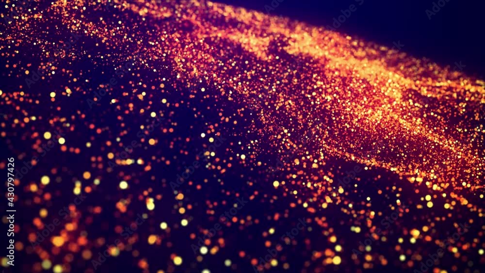 Poster abstract bg, golden magic glitters fly in air in slow motion and form beautiful swirls. fiery sparkl