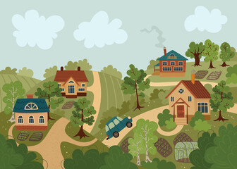 Summer holiday village, summer landscape - Vector illustration
