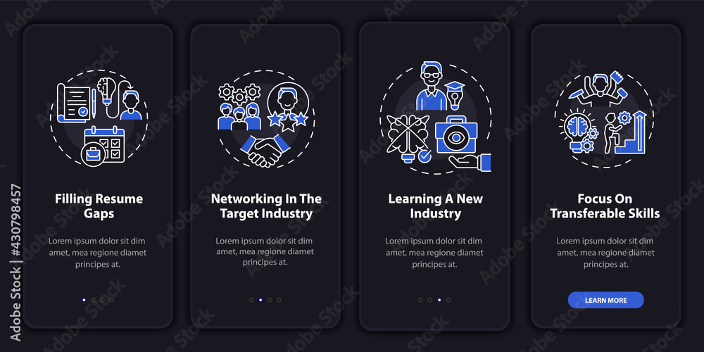 Poster transition career benefits onboarding mobile app page screen with concepts. transition pros walkthro