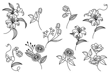 Fototapeta premium 線画の花ベクターイラストセット