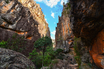 The jagged pinnacles of the narrow gorge leading to the Gruta do Salitre cave near Diamantina, Minas Gerais, Brazil