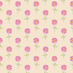 Floral seamless pattern: pink hand-drawn flowers on a beige background. Cute minimalist fabric texture. Wrapping paper in pastel colors. Scrapbook print with watercolor elements