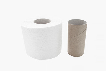 White toilet paper and blank sleeve isolated on white background