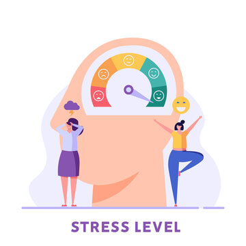 People near the mood scale. Concept of emotional overload, stress level, burnout, increased productivity, tiring, boring, positive, frustration employee in job. Vector illustration in flat design