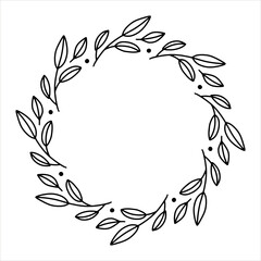 Vector hand drawn spring wreath isolated on white background. Outline circle of leaves. Doodle style. Floral frame.