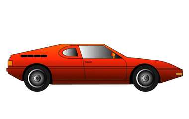 1980's classic retro synthwave orange race car on a white background, side view, flat style 