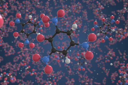Molecule of picric acid, ball-and-stick molecular model. Scientific 3d rendering