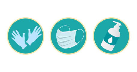 Icons. Medical gloves, Hand Sanitizer, Medical Mask