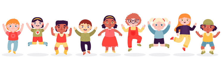 Jumping children. Happy jumped kids, joyful laughing jumping little boys and girls isolated vector illustration set. Cute jumping children characters