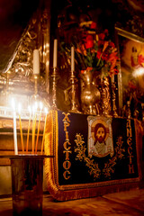 Jerusalem, Israel - 21 april 2021: In the Church of the Holy Sepulcher, in the Kuvuklia, in the...