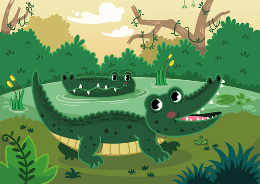 Happy crocodiles in a swamp. Vector illustration.