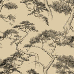nature sketch graphic drawing of a beautiful curved pine tree pattern 2 on beige background