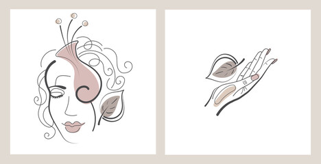 Set of a woman's face with a flower and a hand with a leaf. Drawn with a line. Vector illustration on an isolated white background.