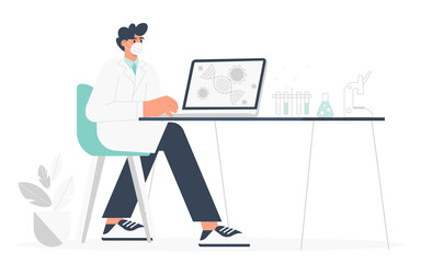Development of a vaccine against coronavirus. A male scientist sits at a table in the laboratory and analyzes the results of research on vaccination against covid-19. Flat vector illustration