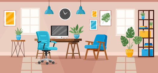 Office interior. Modern office workspace, workplace room interior with desk, chair, armchair and bookcase vector illustration. Workplace interior