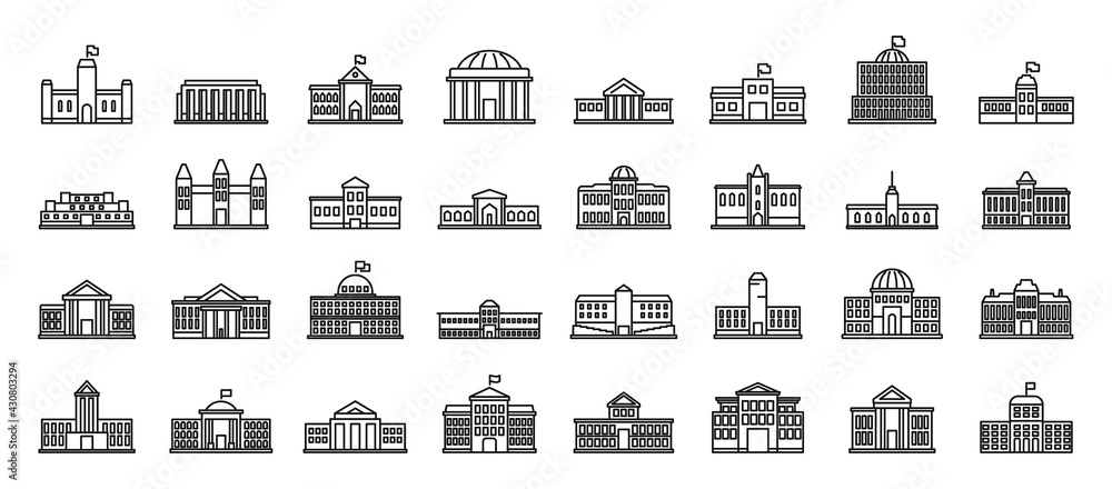 Poster Parliament building icons set, outline style