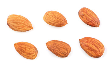 almond raw piece collection set.almond full macro shoot nuts healthy food ingredient on white isolated .Clipping path