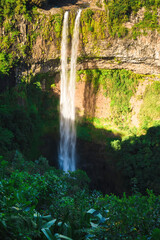 Highest Chamarel waterfall in tropical jungle of Mauritius