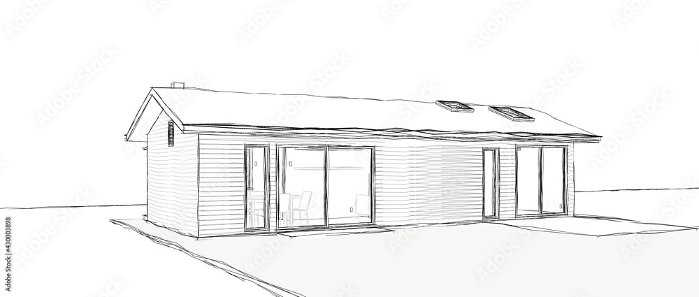 Poster 3d illustration perspective of a small house. rectangular shaped building with pitched roof and skyl