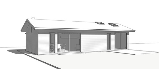 3d illustration perspective of a small house. Rectangular shaped building with pitched roof and skylights. Image in black and white with shadows. 