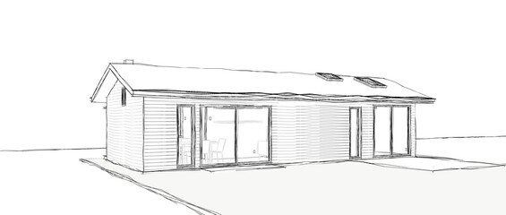 3d illustration perspective of a small house. Rectangular shaped building with pitched roof and skylights.  Image in hand sketch style with black lines on white background.  