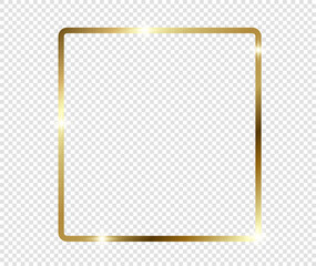 Gold shiny glowing frame with shadows isolated on transparent background. Golden luxury vintage realistic rectangle border. illustration - Vector