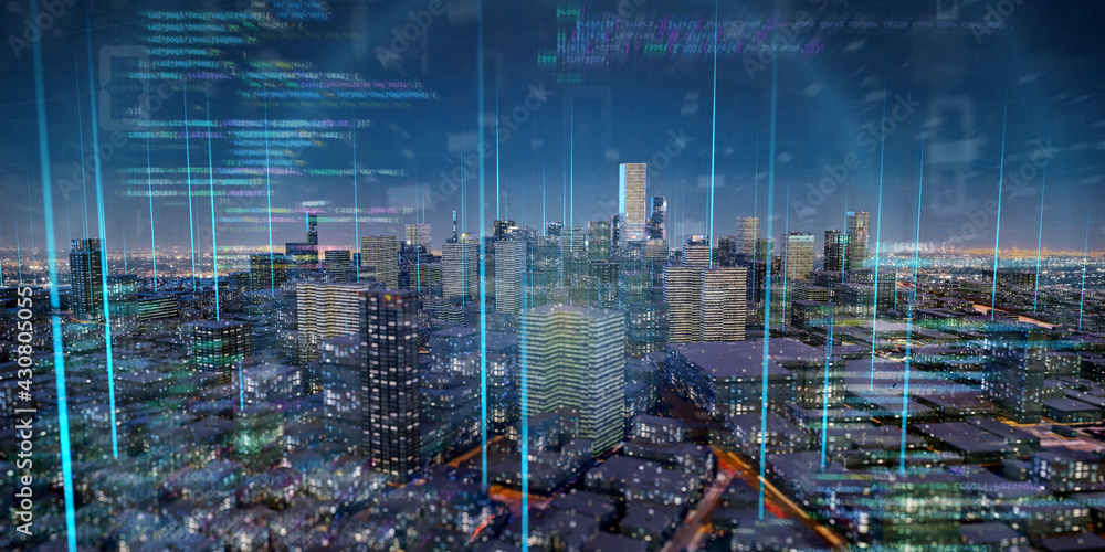 Poster smart city with network and communication connection - 3d rendering