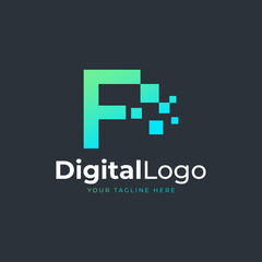 Fototapeta premium Tech Letter F Logo. Blue and Green Geometric Shape with Square Pixel Dots. Usable for Business and Technology Logos. Design Ideas Template Element.