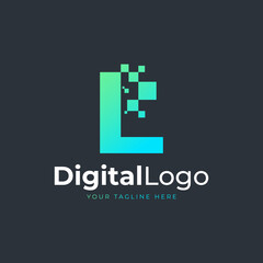 Obraz premium Tech Letter L Logo. Blue and Green Geometric Shape with Square Pixel Dots. Usable for Business and Technology Logos. Design Ideas Template Element.