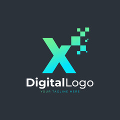 Obraz premium Tech Letter X Logo. Blue and Green Geometric Shape with Square Pixel Dots. Usable for Business and Technology Logos. Design Ideas Template Element.