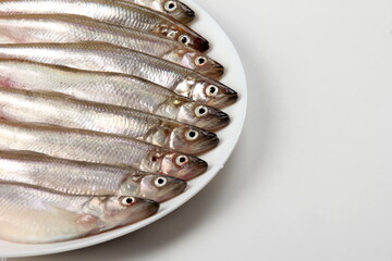 Fresh smelt fish on a white background, Small fish on a white plate. Smelt fishes (European smelt) isolated on white