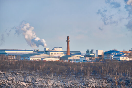 Vanino, Russia - Feb 04, 2021: the Arkaim timber processing complex in the port of Vanino in the Khabarovsk Territory.
