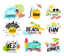 Set of summer labels, logos, hand drawn tags and elements for summer holiday, travel, beach holiday, sea, sun. Vector flat illustration.