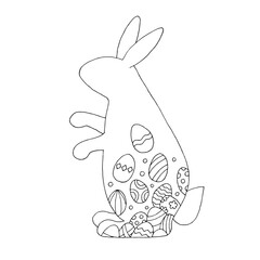 Easter bunny. Hare with patterns of Easter eggs. Doodle. Vector. Hand-drawn illustration. Silhouette. Black and white outline. Coloring.