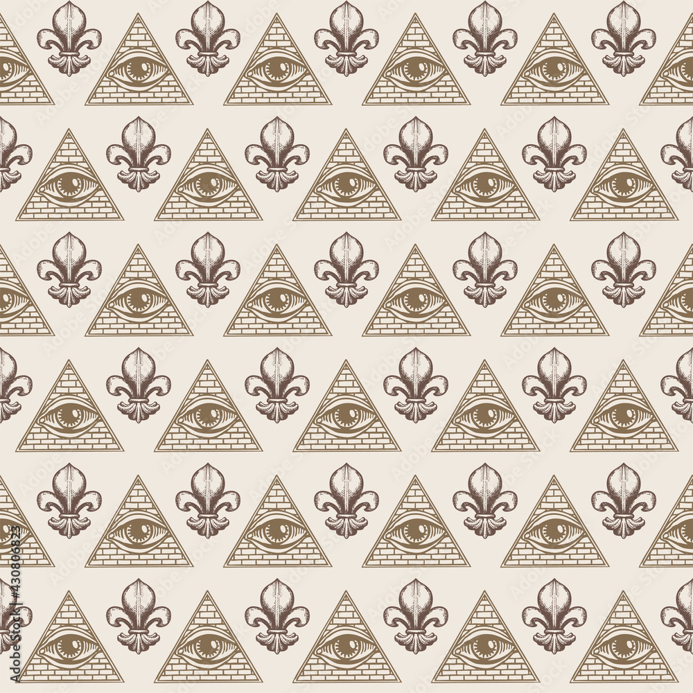 Poster geometric seamless pattern with an all-seeing eye and fleur de lys. vector background with drawings 