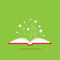 Open book with red book cover and white stars flying out. Isolated on green background.