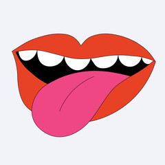 vector sticker lips teeth and tongue. Punk mouth. Funky and groove feminine lips in 60s and 70s style. Bizarre is a queer mouth. A cheeky hippie with a tongue hanging out. Screaming at the festival