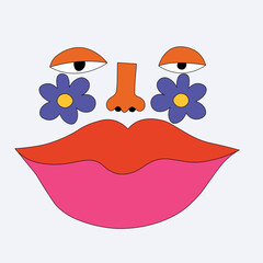 abstract quirky face. A monster with daisies on her cheeks. Hippie bizarre style. 60s and 70s funky groove sticker. A sexless creature. Valentine vibe portrait