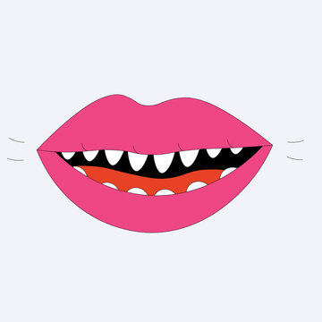 vector sticker lips teeth and tongue. Punk mouth.Funky and groove feminine lips in 60s and 70s style. Bizarre is a quirky mouth.A cheeky hippie face.Screaming at the festival.Tattoo template