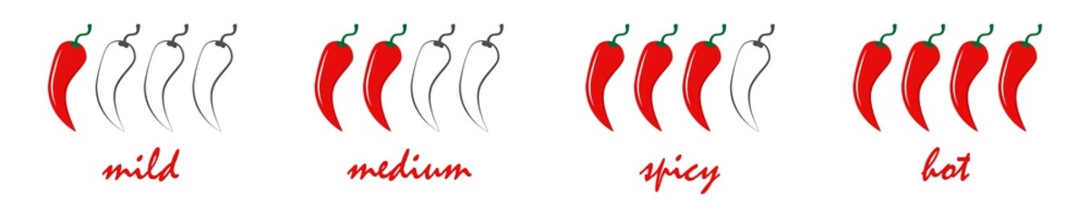 Spicy chili pepper level labels. Vector spicy food mild, medium and extra hot sauce, chili pepper red outline icons for your design. EPS10.