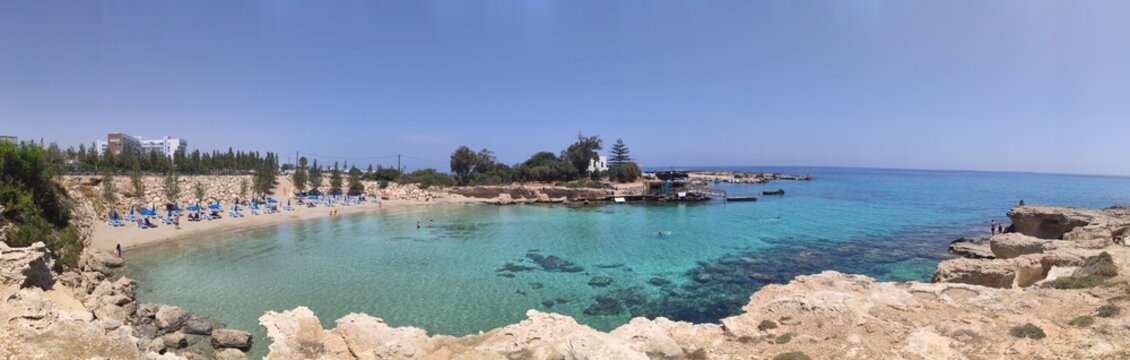 panorama of fig tree bay on a sunny day. Protaras. Cyprus. April 2021