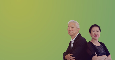 Asian senior elderly couple in suit family business background with copy space