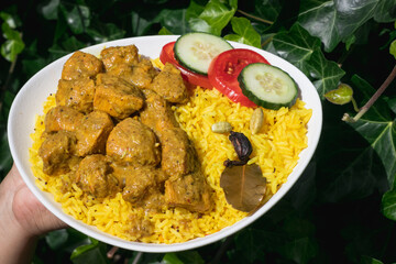 Garnished chicken Madras with Pulao rice in a white bowl
