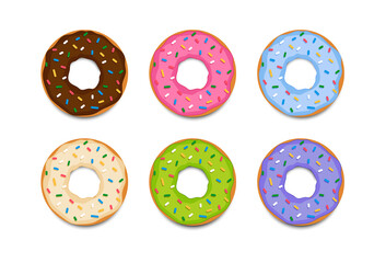 Obraz premium Set of donuts with multicolored glaze isolated on white background. Cute donuts in flat style. Sweet food icon. Vector stock