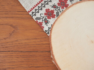 Cutting board or chopping board on wooden table. Wooden plate on desk. Top view